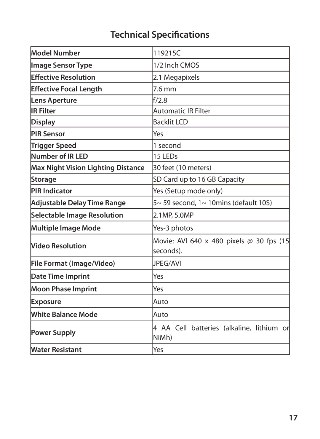 Tasco 119215C instruction manual Technical Specifications 