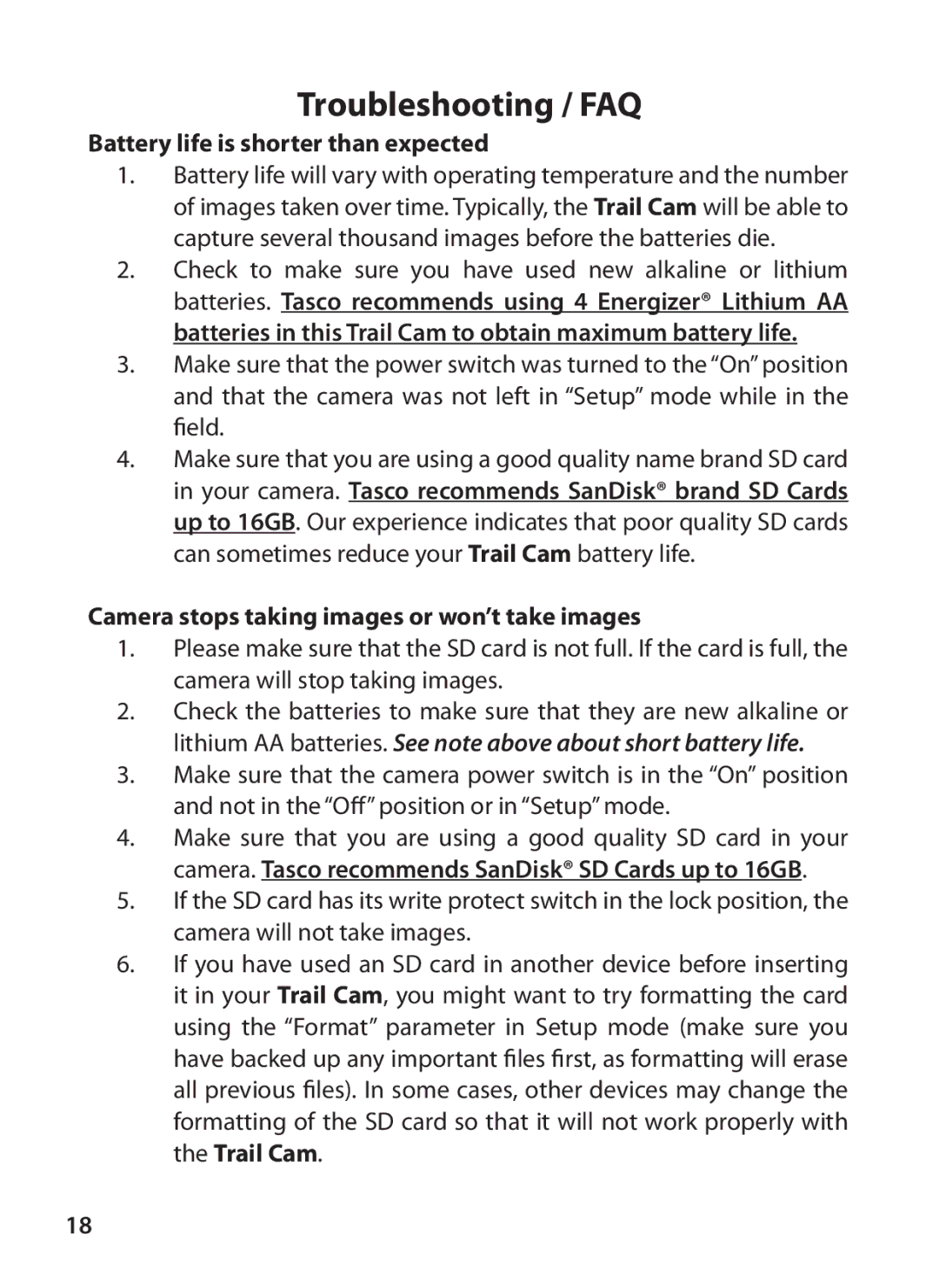 Tasco 119215C instruction manual Battery life is shorter than expected, Camera stops taking images or won’t take images 