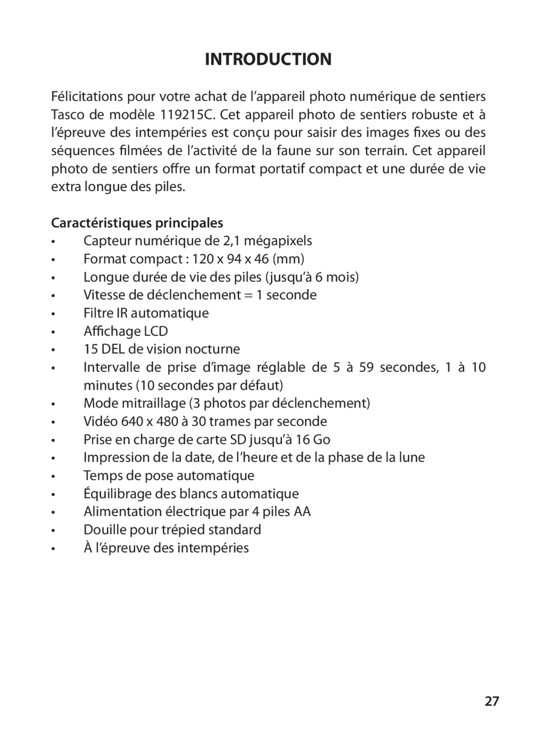 Tasco 119215C instruction manual Introduction, Caractéristiques principales 