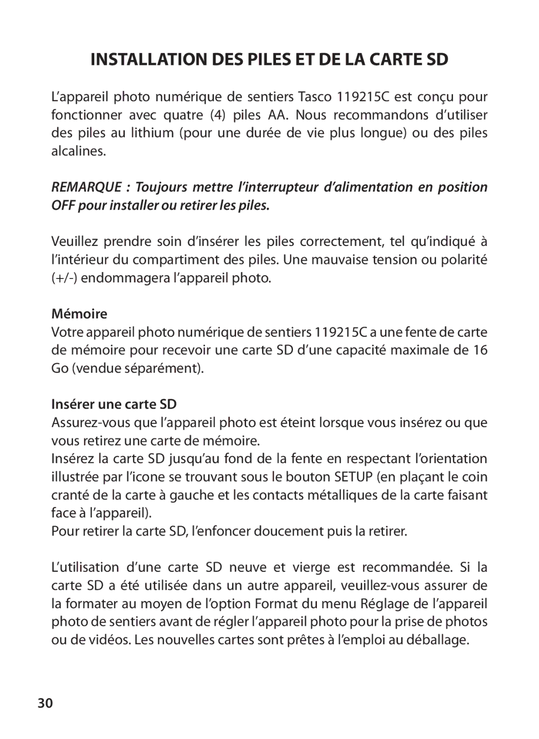 Tasco 119215C instruction manual Installation DES Piles ET DE LA Carte SD, Mémoire, Insérer une carte SD 