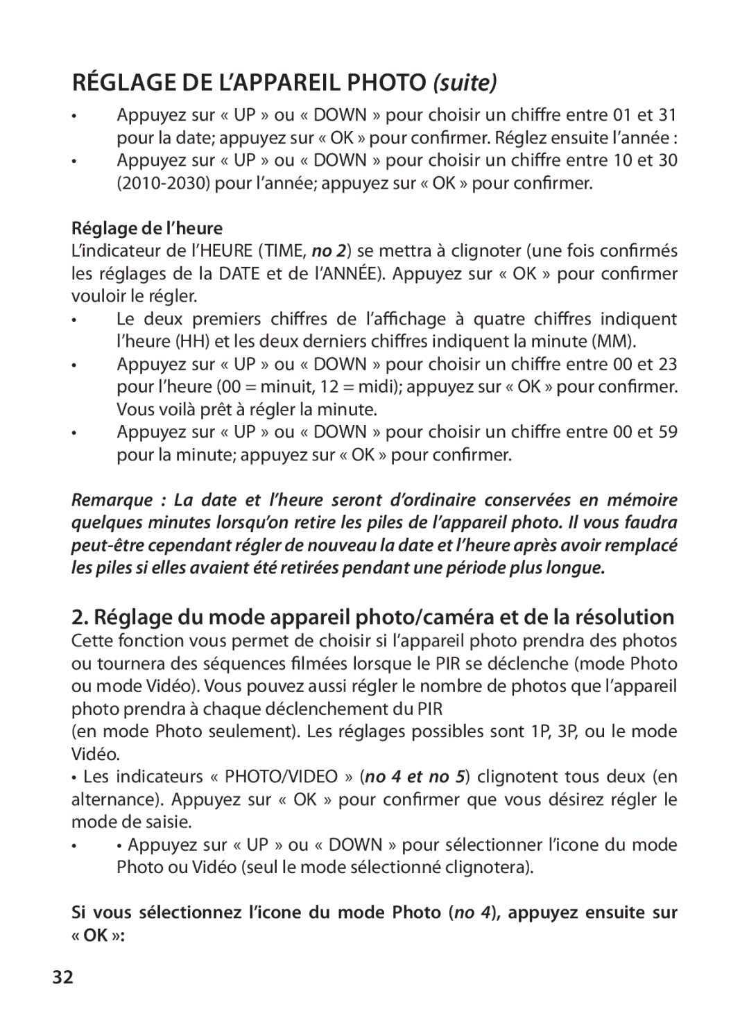 Tasco 119215C Réglage de l’appareil photo suite, Réglage du mode appareil photo/caméra et de la résolution 