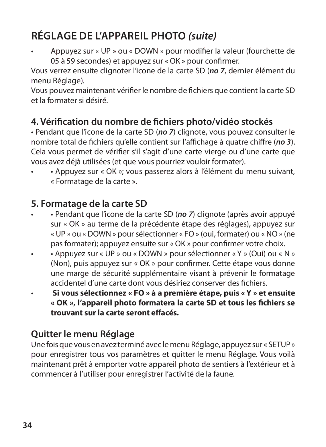 Tasco 119215C Vérification du nombre de fichiers photo/vidéo stockés, Formatage de la carte SD, Quitter le menu Réglage 