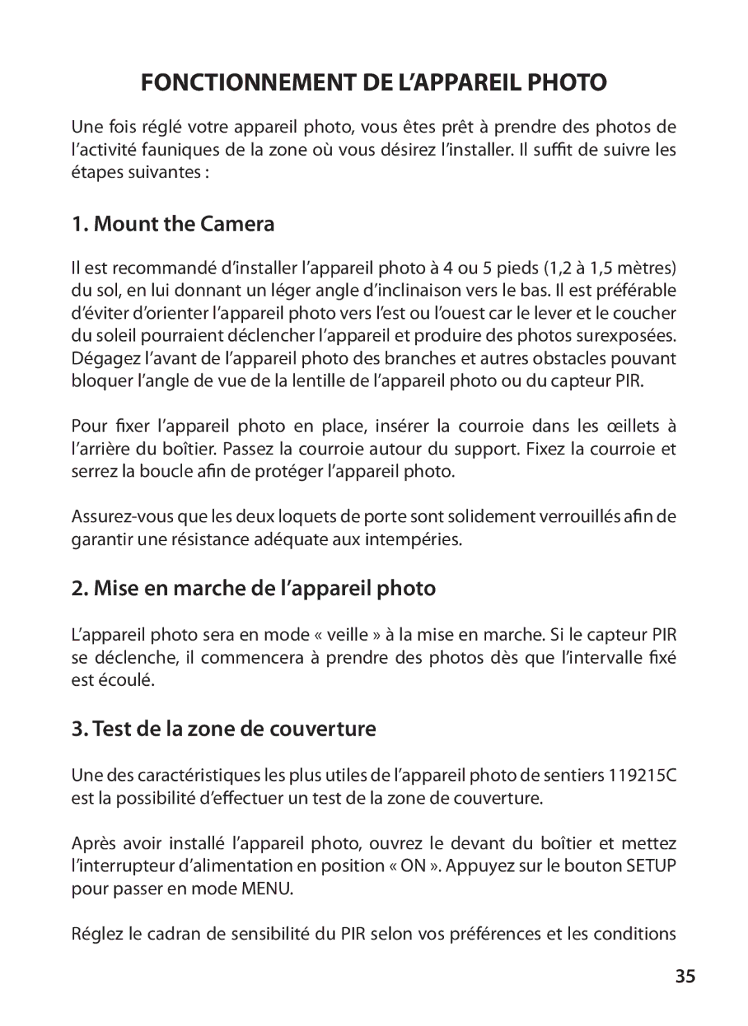 Tasco 119215C instruction manual Fonctionnement DE L’APPAREIL Photo, Mount the Camera, Mise en marche de l’appareil photo 