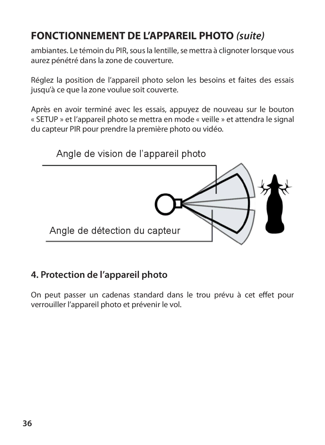 Tasco 119215C instruction manual Fonctionnement DE L’APPAREIL Photo suite, Protection de l’appareil photo 