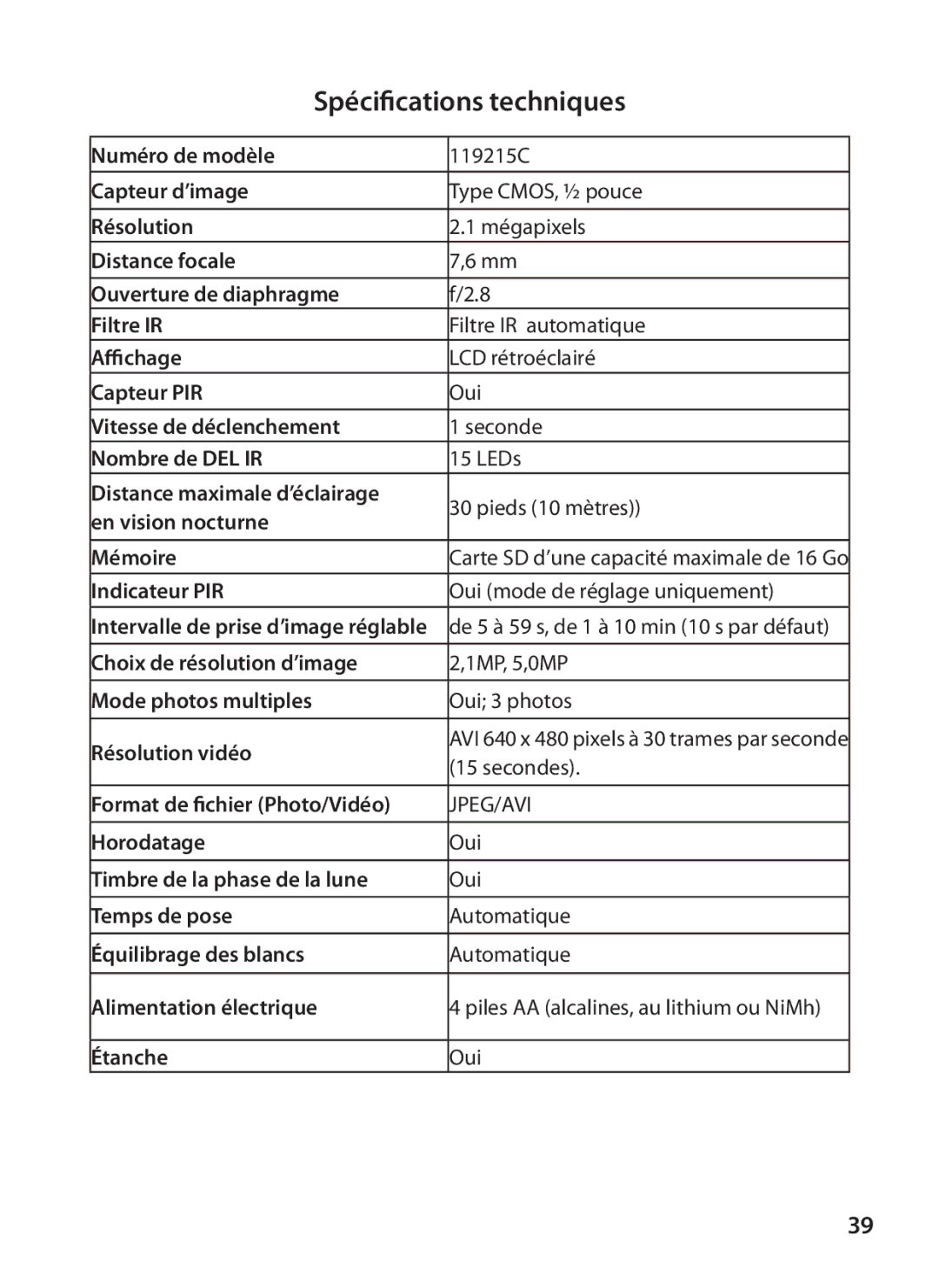 Tasco 119215C instruction manual Spécifications techniques, Jpeg/Avi 