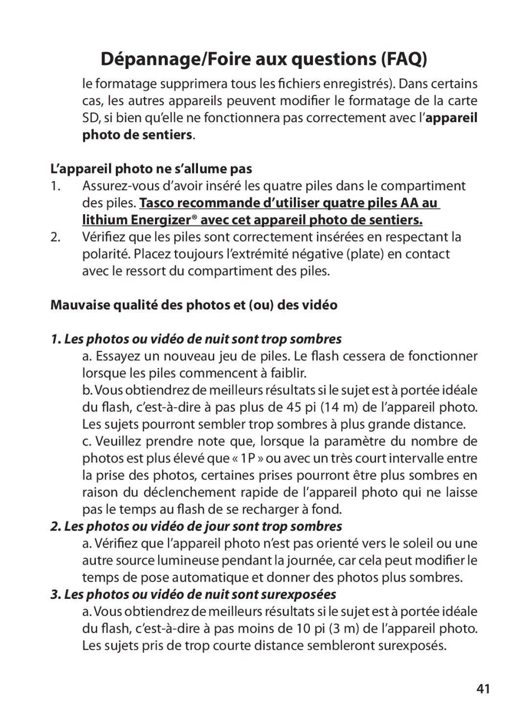 Tasco 119215C instruction manual ’appareil photo ne s’allume pas, Mauvaise qualité des photos et ou des vidéo 