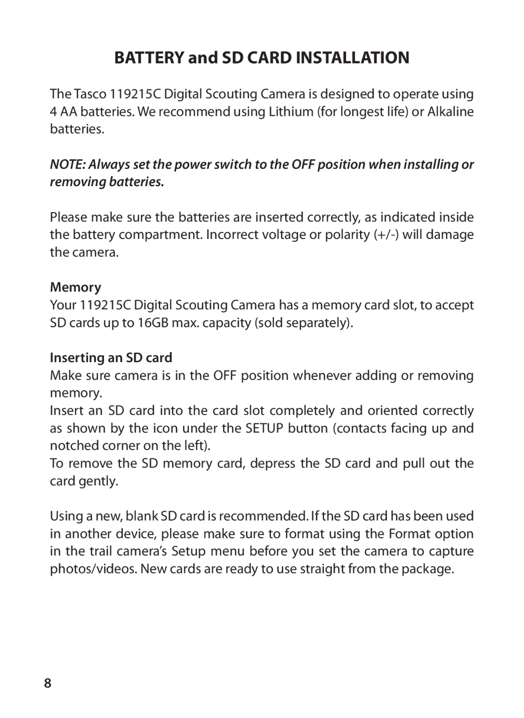 Tasco 119215C instruction manual Memory, Inserting an SD card 