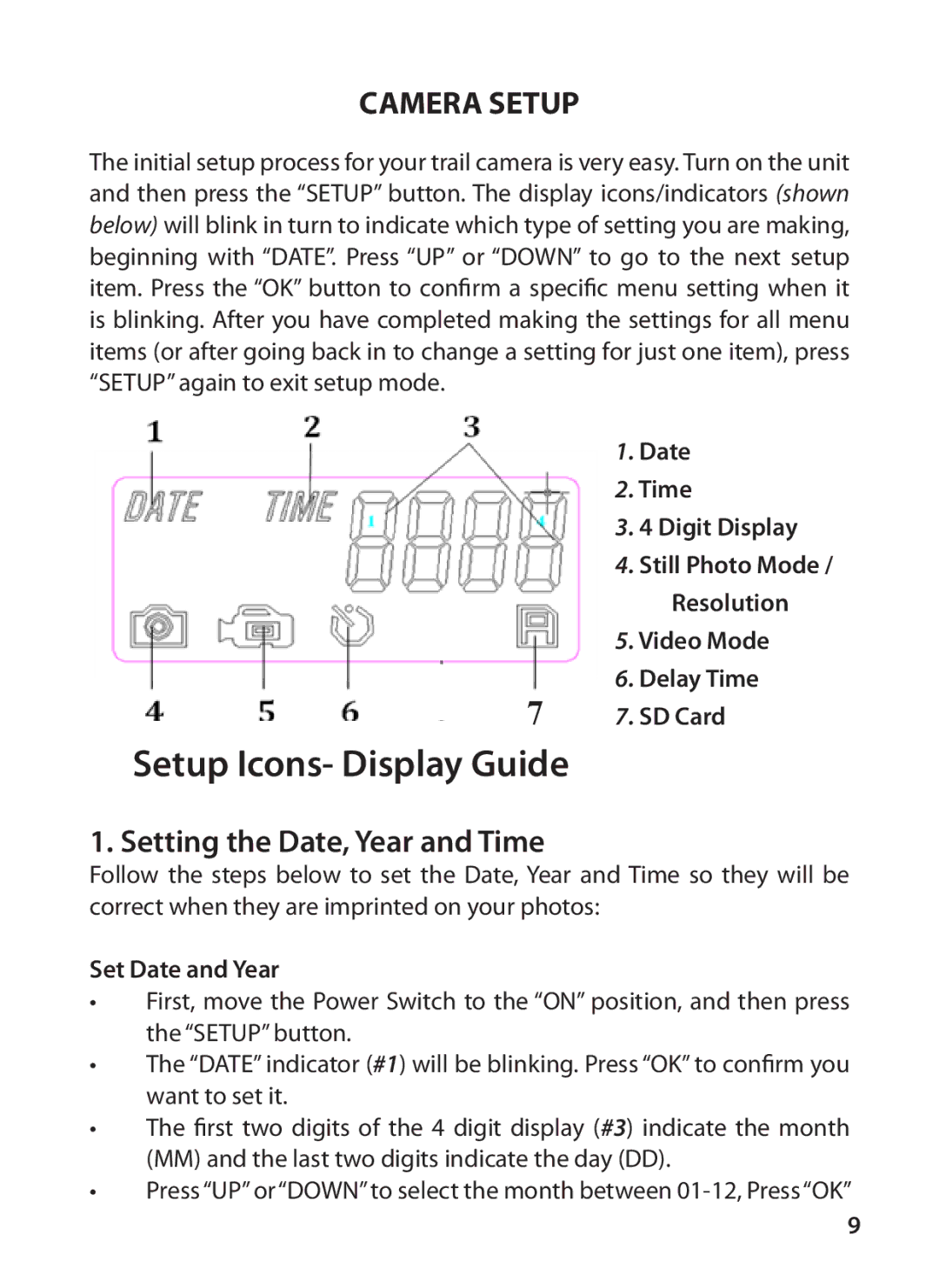 Tasco 119215C instruction manual Setup Icons- Display Guide, Camera Setup, Set Date and Year 