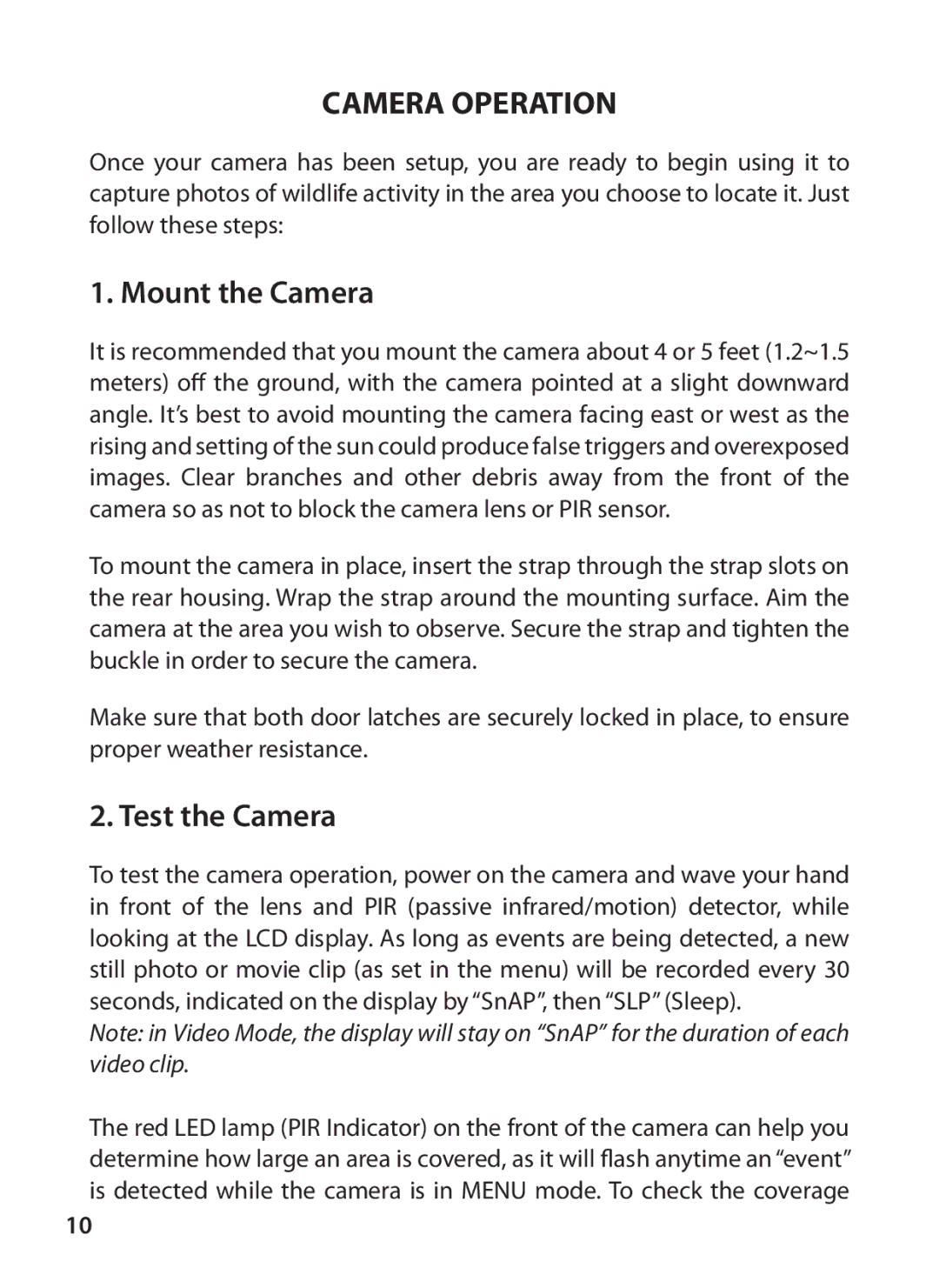 Tasco 119223C instruction manual Camera Operation, Test the Camera 