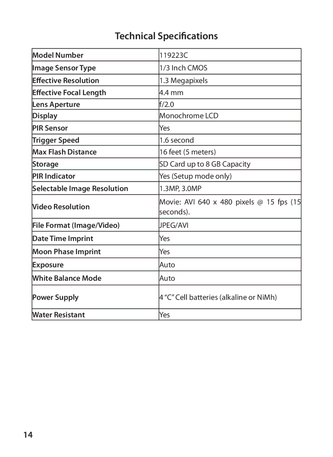 Tasco 119223C instruction manual Technical Specifications 