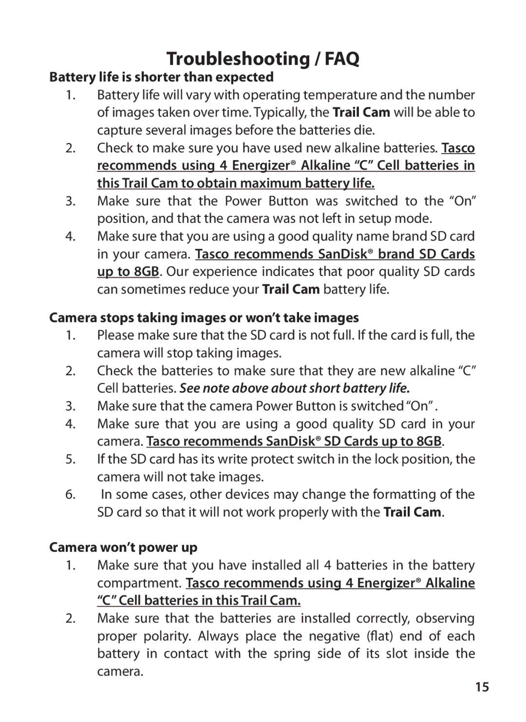 Tasco 119223C instruction manual Battery life is shorter than expected, Camera stops taking images or won’t take images 