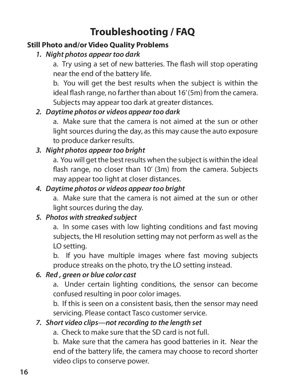 Tasco 119223C instruction manual Still Photo and/or Video Quality Problems, Night photos appear too dark 