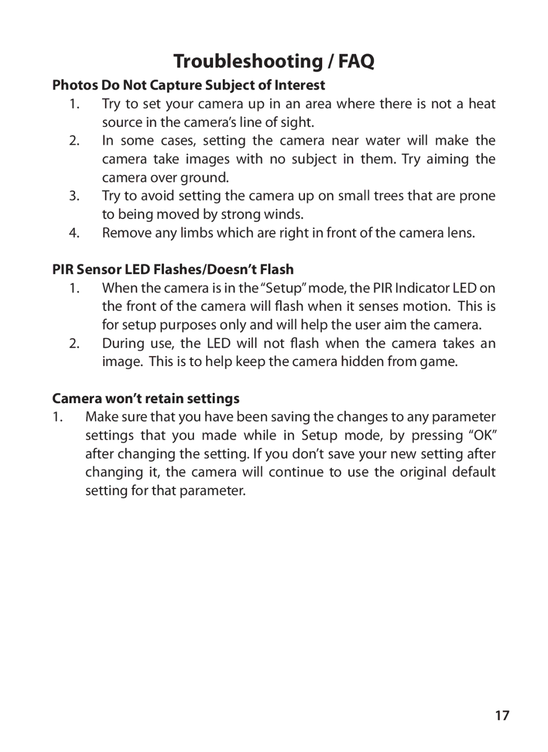 Tasco 119223C instruction manual Photos Do Not Capture Subject of Interest, PIR Sensor LED Flashes/Doesn’t Flash 