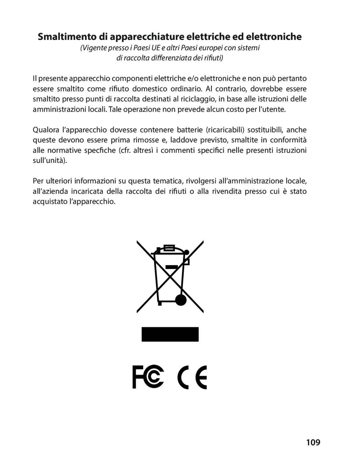 Tasco 119234 instruction manual Smaltimento di apparecchiature elettriche ed elettroniche, 109 