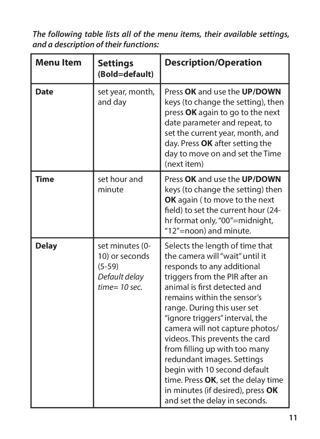 Tasco 119234 instruction manual Menu Item Settings Description/Operation, Bold=default Date, Time, Delay 