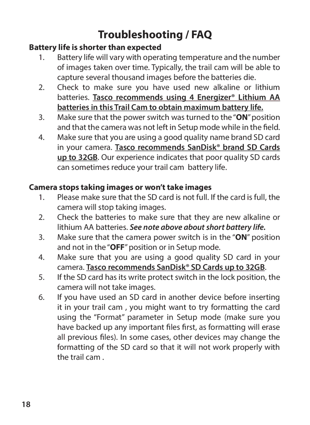 Tasco 119234 instruction manual Battery life is shorter than expected, Camera stops taking images or won’t take images 