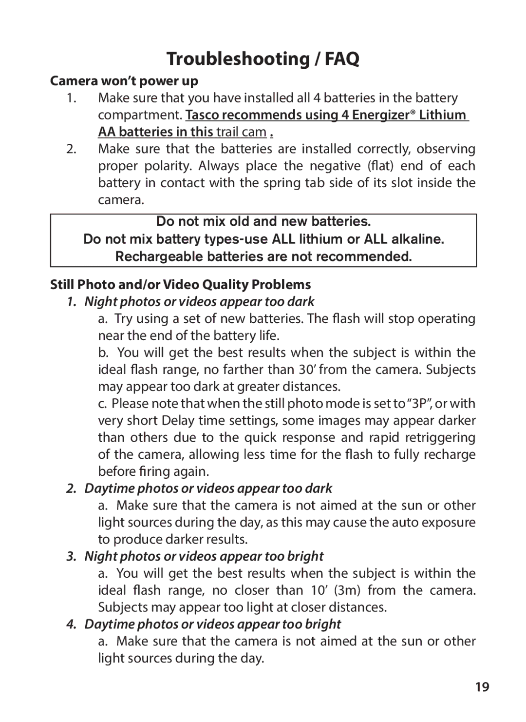 Tasco 119234 Camera won’t power up, Daytime photos or videos appear too dark, Night photos or videos appear too bright 