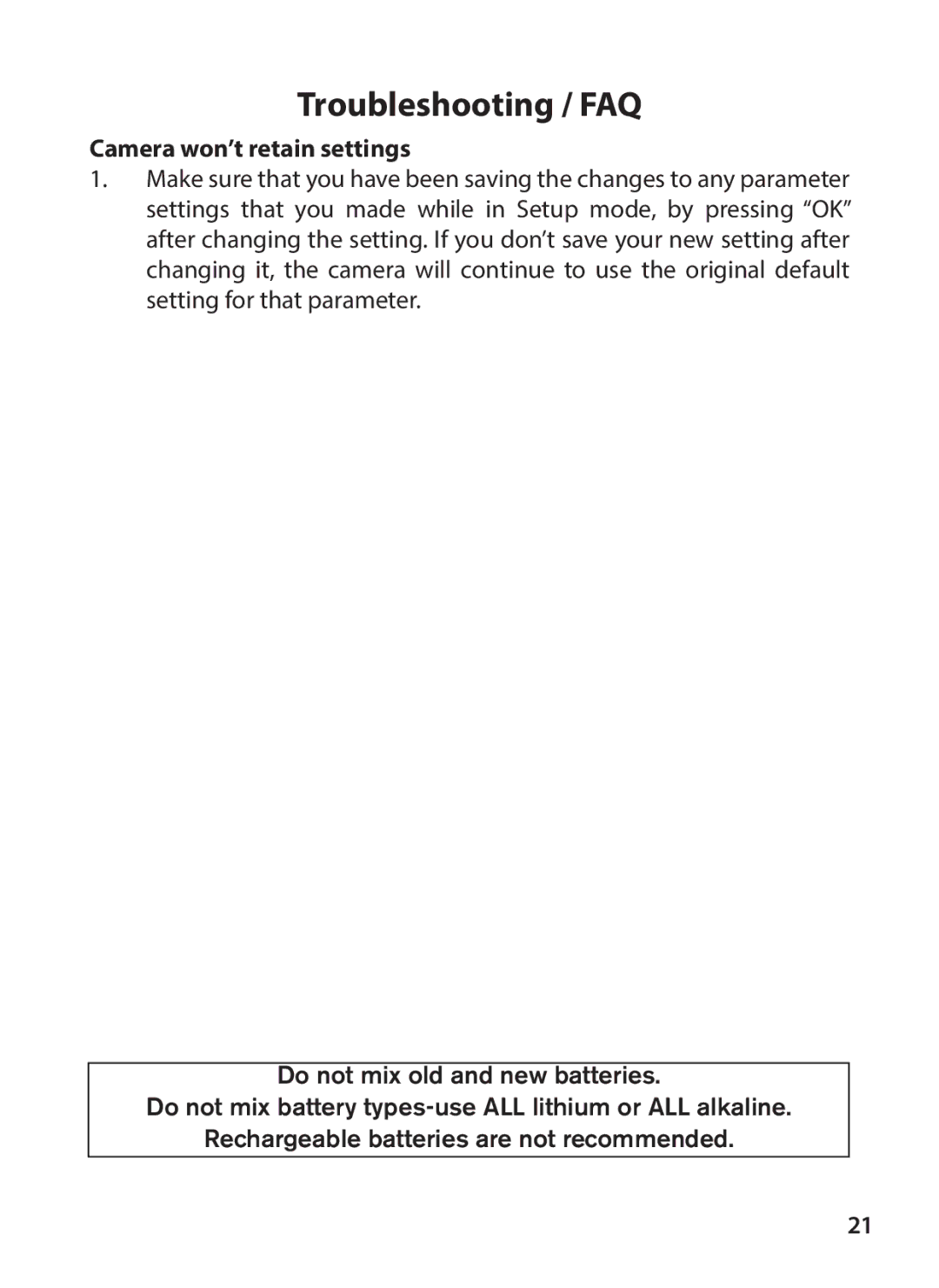 Tasco 119234 instruction manual Camera won’t retain settings 