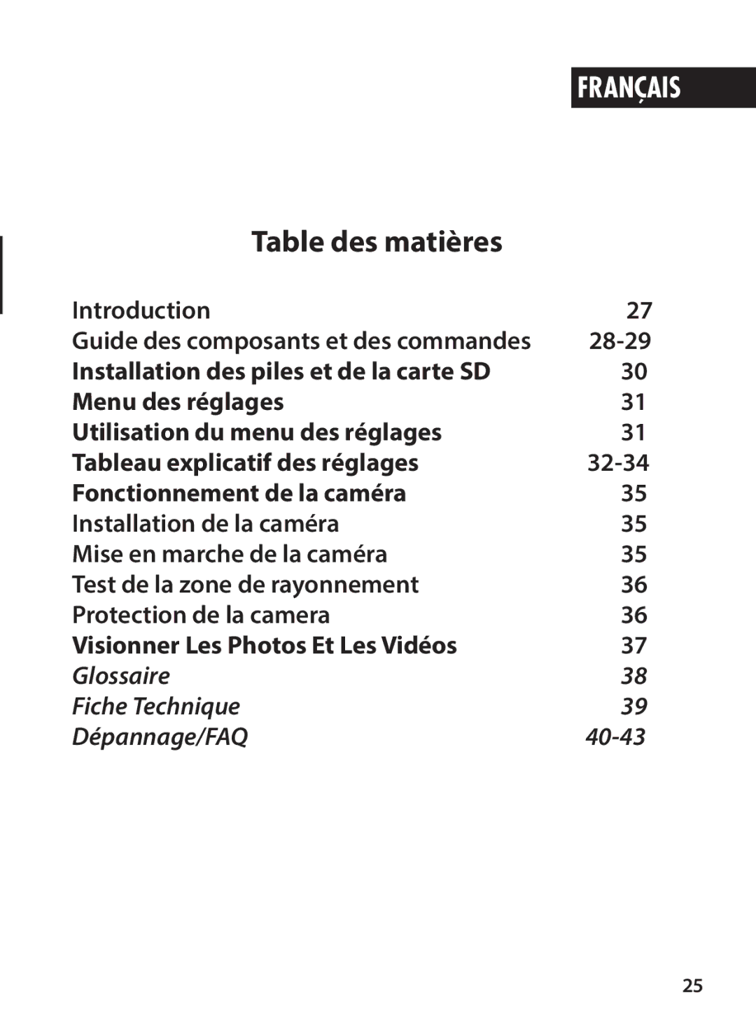 Tasco 119234 instruction manual Table des matières, Guide des composants et des commandes 