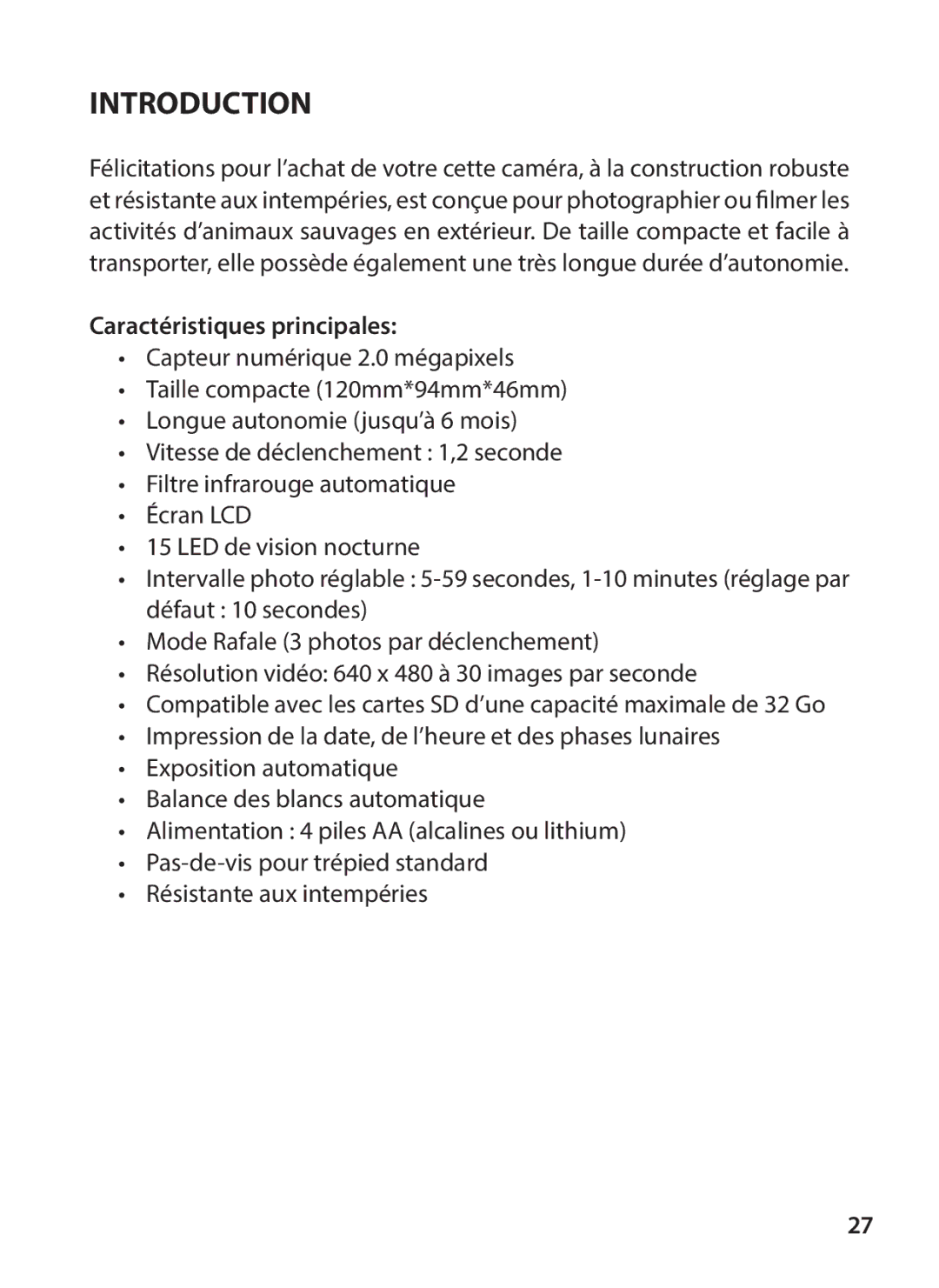 Tasco 119234 instruction manual Introduction, Caractéristiques principales 