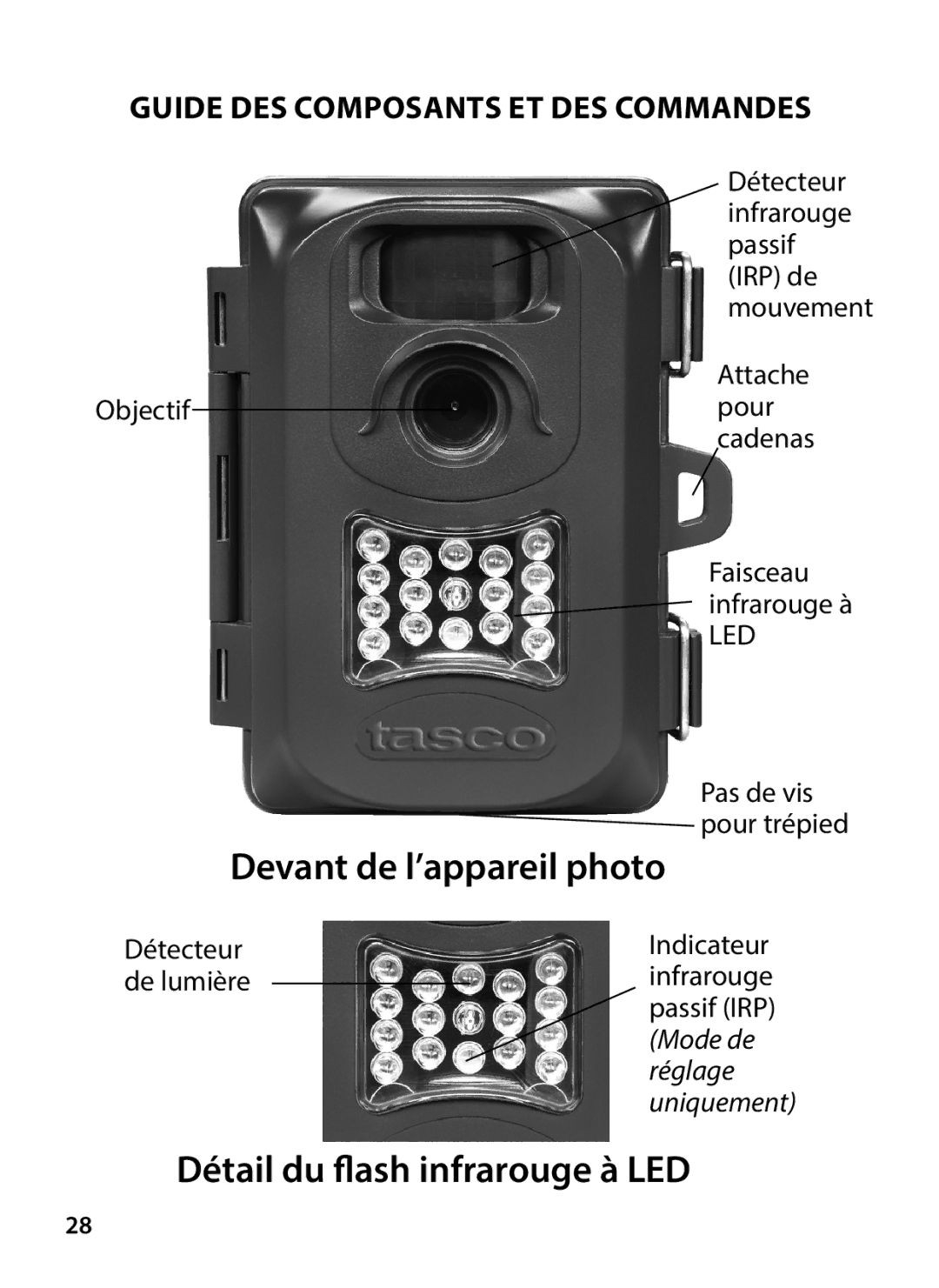 Tasco 119234 instruction manual Devant de l’appareil photo, Détail du flash infrarouge à LED 