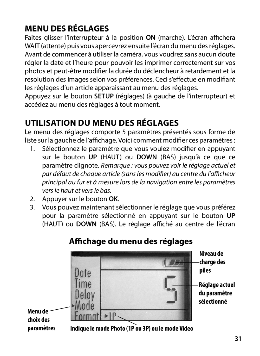 Tasco 119234 instruction manual Menu DES Réglages, Menu de Choix des Paramètres 