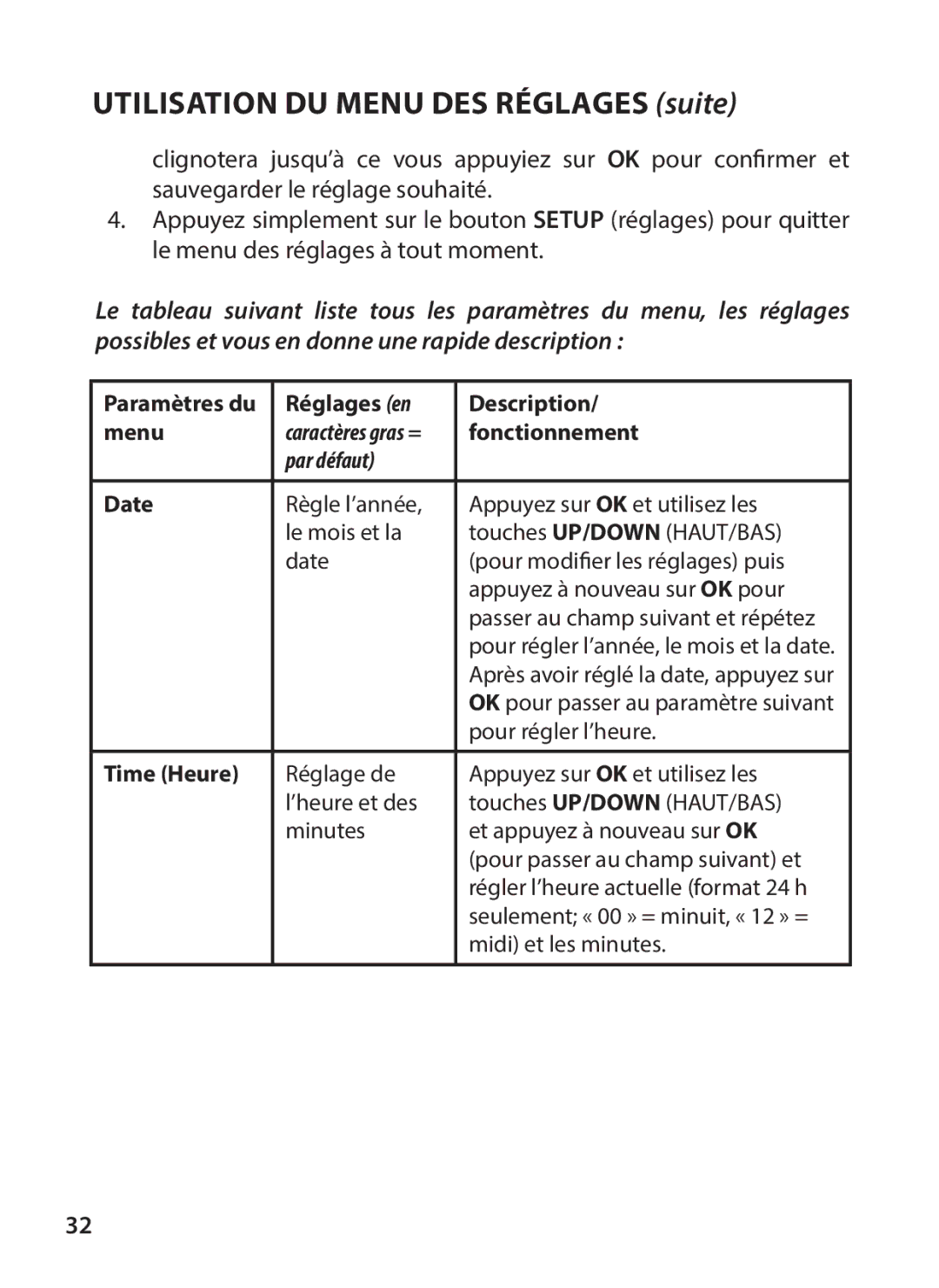 Tasco 119234 instruction manual Utilisation du menu des réglages suite 