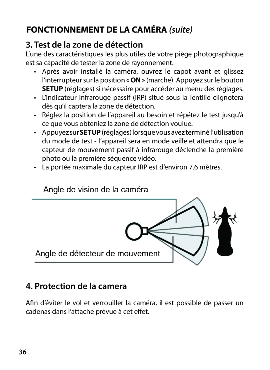 Tasco 119234 instruction manual Angle de vision de la caméra Angle de détecteur de mouvement 