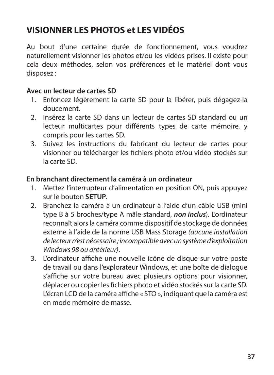 Tasco 119234 instruction manual Avec un lecteur de cartes SD, En branchant directement la caméra à un ordinateur 