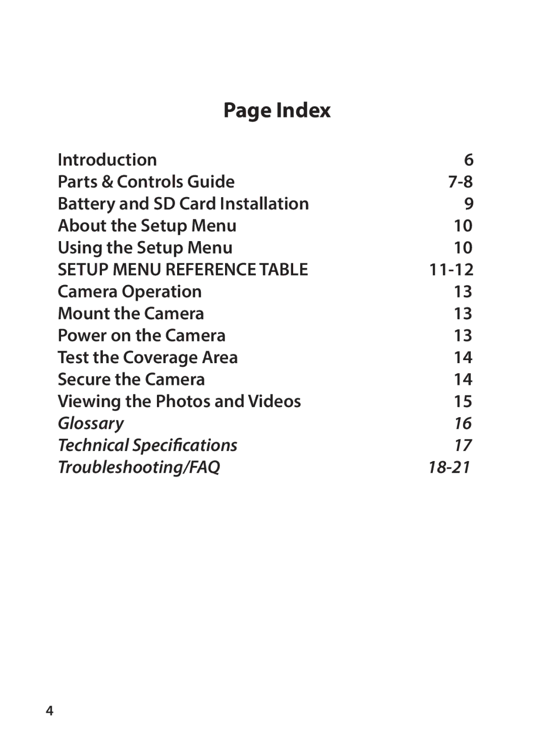 Tasco 119234 instruction manual Index, Setup Menu Reference Table 