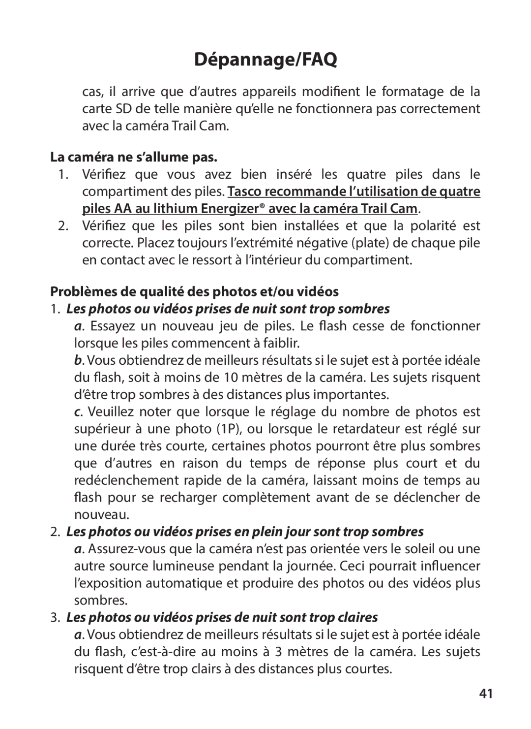 Tasco 119234 instruction manual La caméra ne s’allume pas, Problèmes de qualité des photos et/ou vidéos 