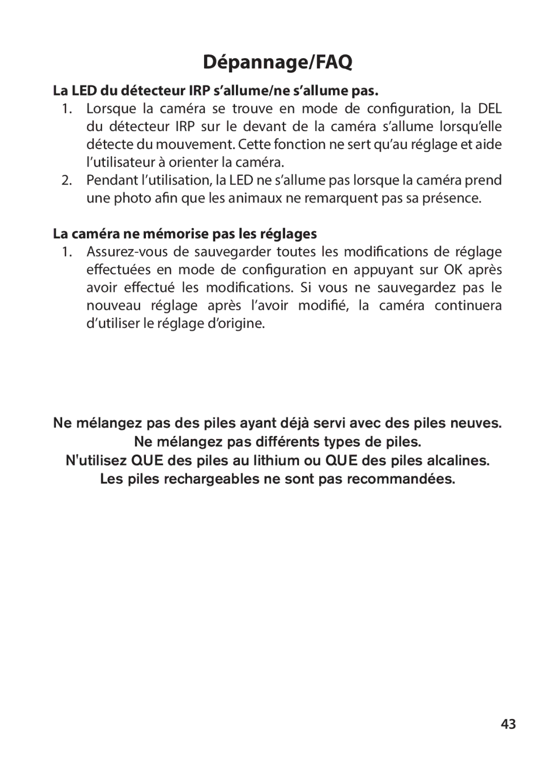 Tasco 119234 instruction manual La LED du détecteur IRP s’allume/ne s’allume pas, La caméra ne mémorise pas les réglages 