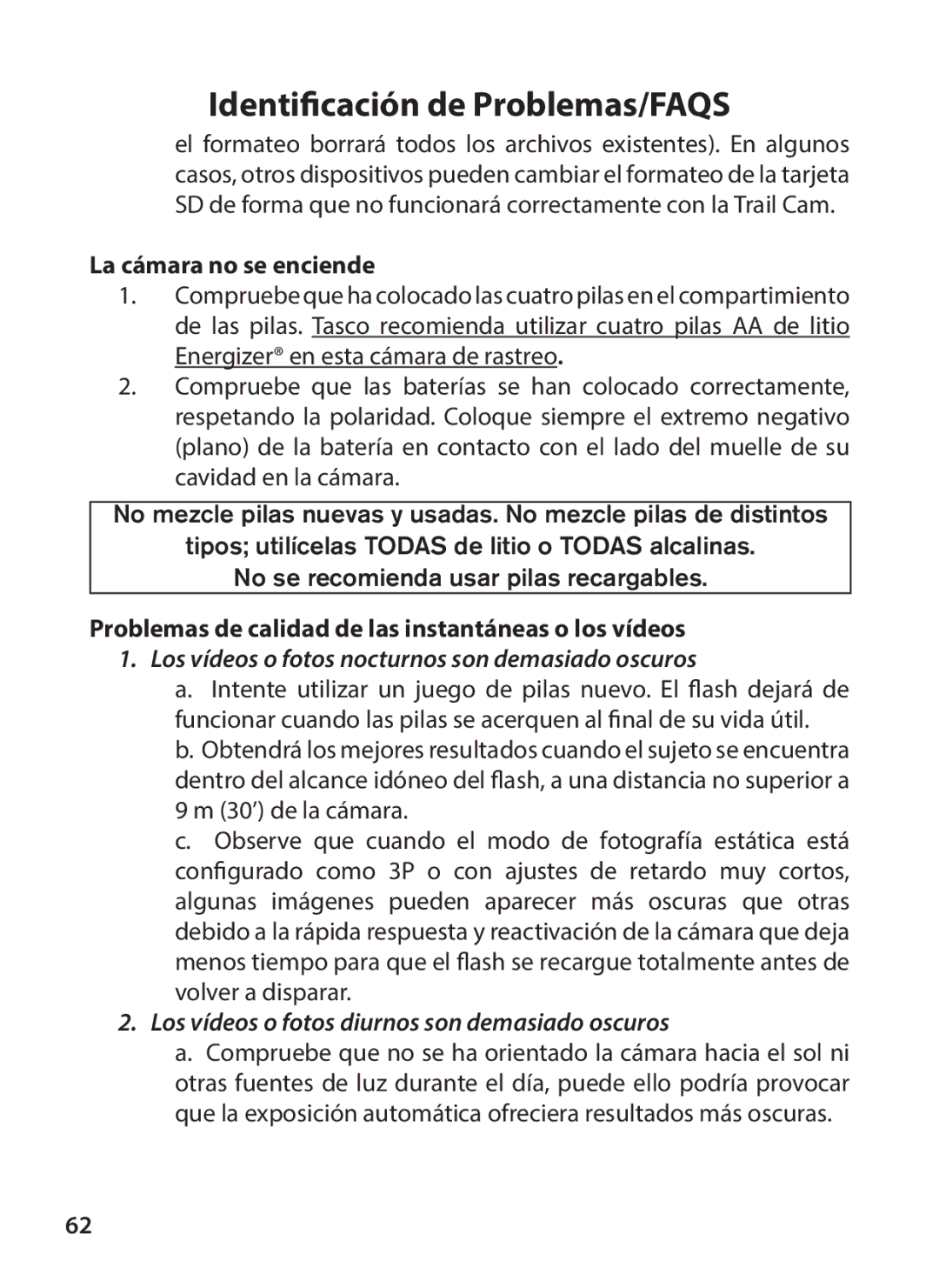 Tasco 119234 instruction manual La cámara no se enciende, Problemas de calidad de las instantáneas o los vídeos 