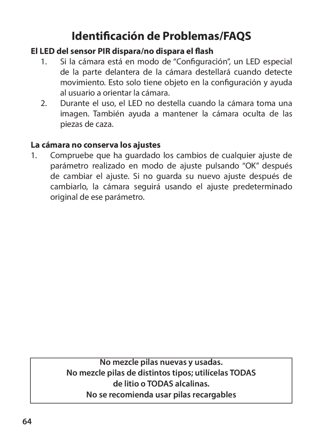 Tasco 119234 instruction manual El LED del sensor PIR dispara/no dispara el flash, La cámara no conserva los ajustes 