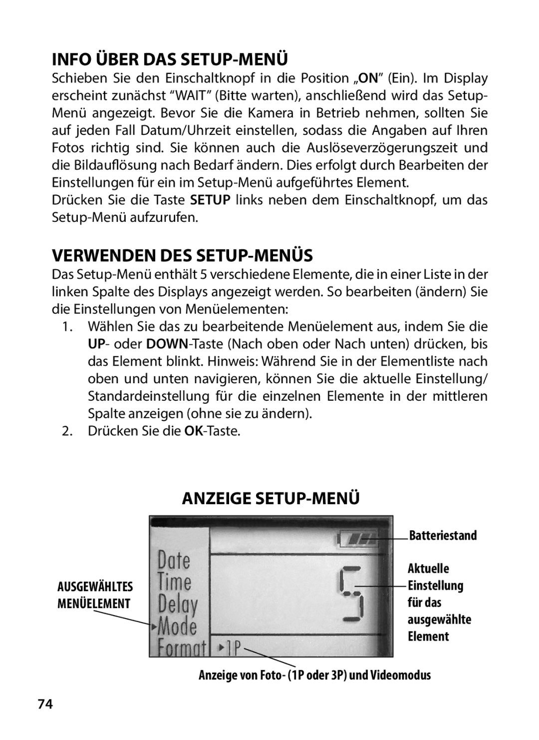 Tasco 119234 instruction manual Info Über DAS SETUP-MENÜ, Anzeige SETUP-MENÜ 