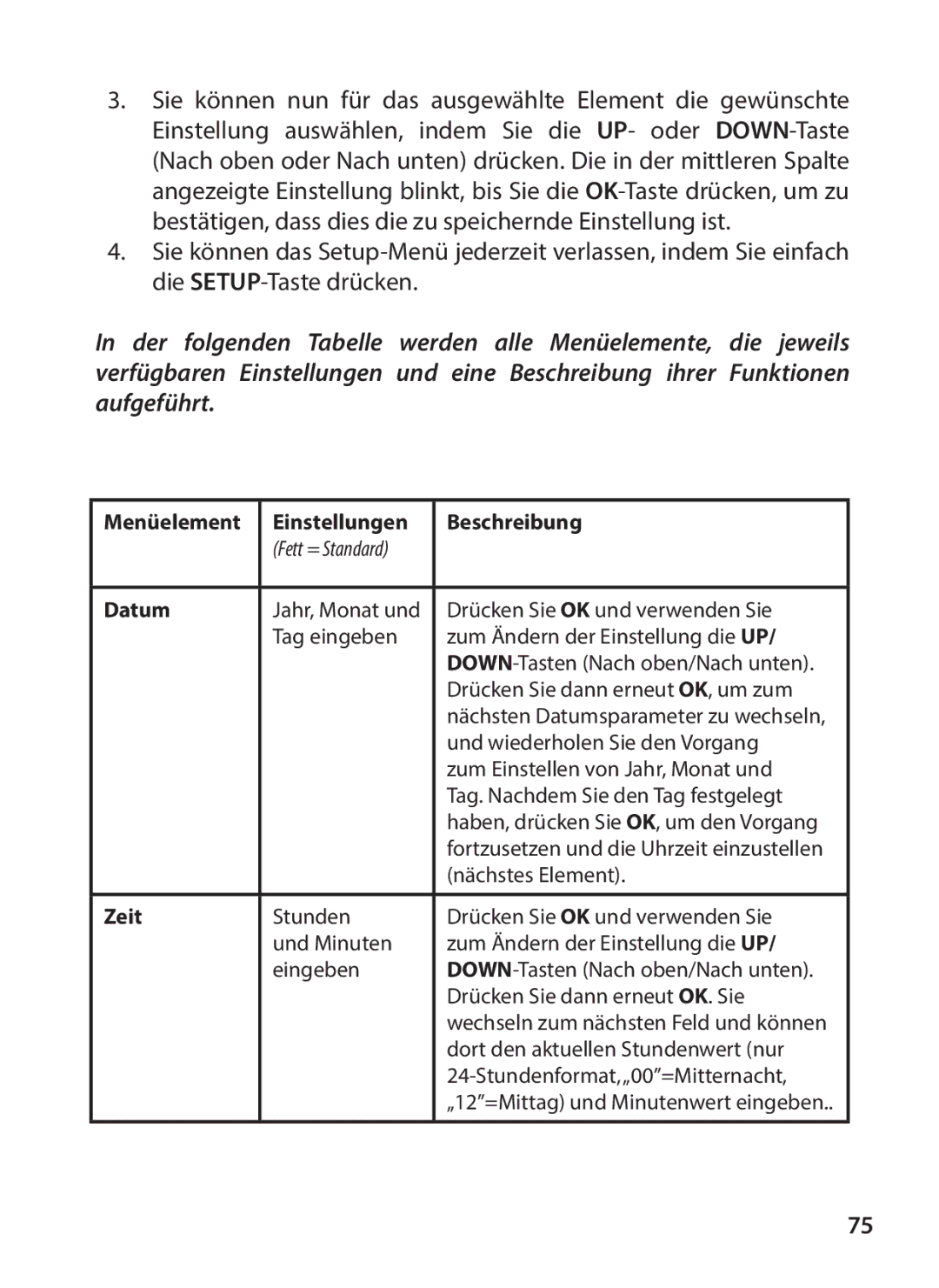 Tasco 119234 instruction manual Menüelement Einstellungen Beschreibung 