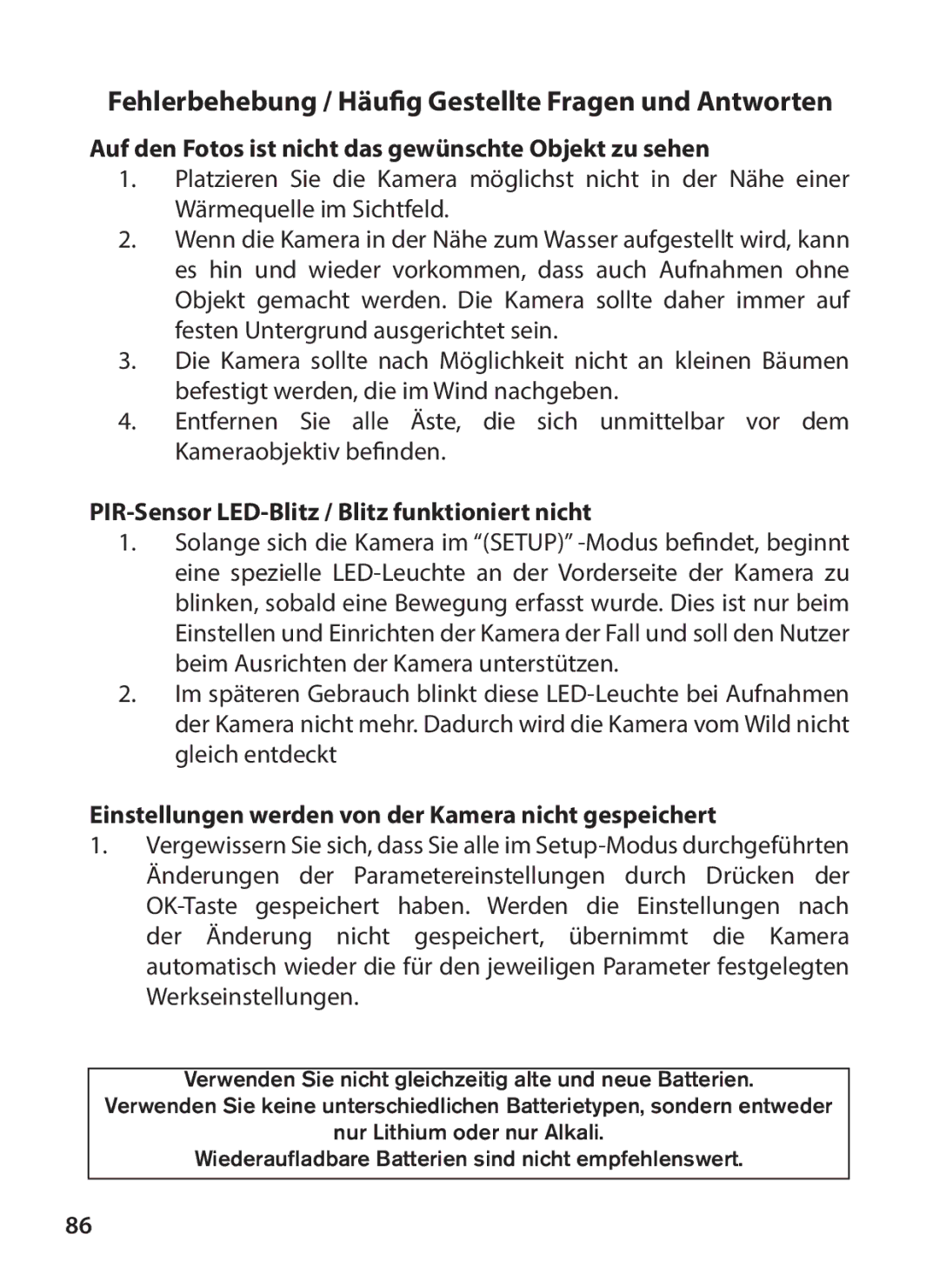 Tasco 119234 Auf den Fotos ist nicht das gewünschte Objekt zu sehen, PIR-Sensor LED-Blitz / Blitz funktioniert nicht 