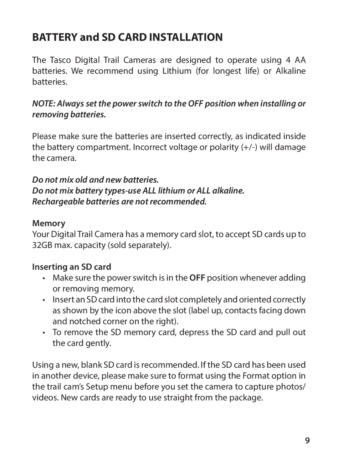 Tasco 119234 instruction manual Do not mix old and new batteries, Memory, Inserting an SD card 