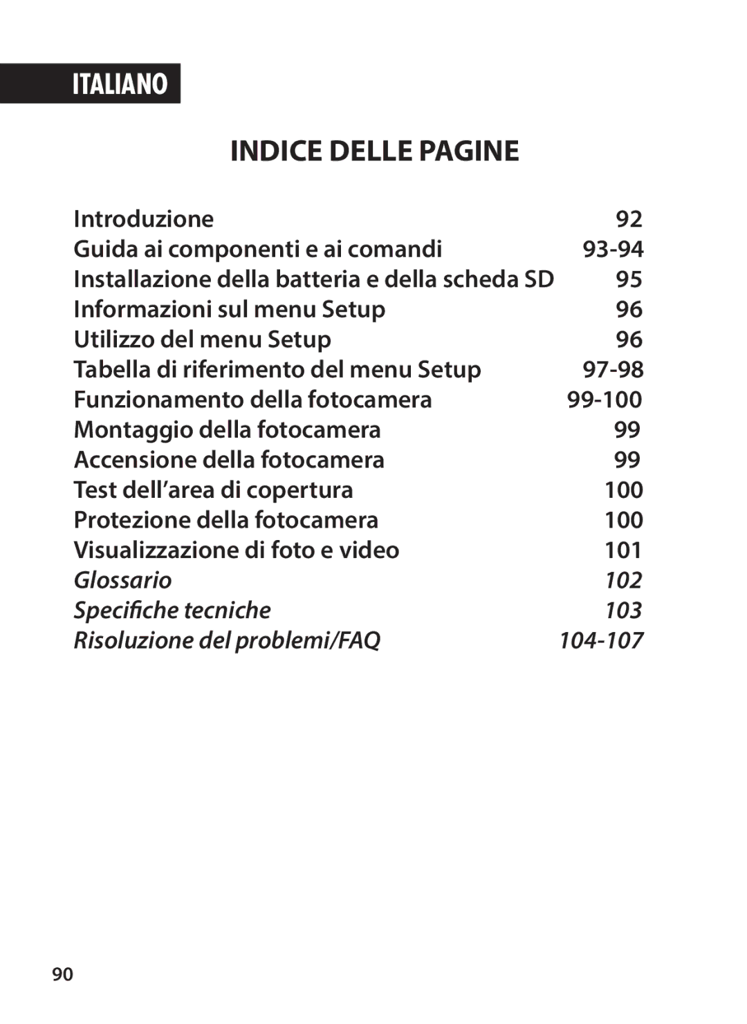 Tasco 119234 instruction manual Indice Delle Pagine, Installazione della batteria e della scheda SD 