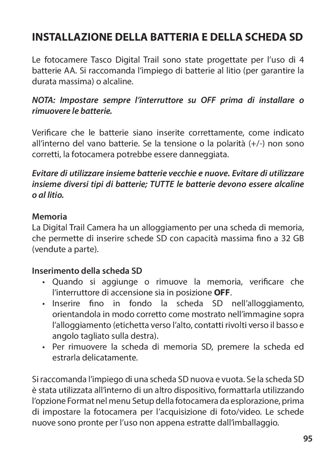 Tasco 119234 instruction manual Installazione Della Batteria E Della Scheda SD, Inserimento della scheda SD 