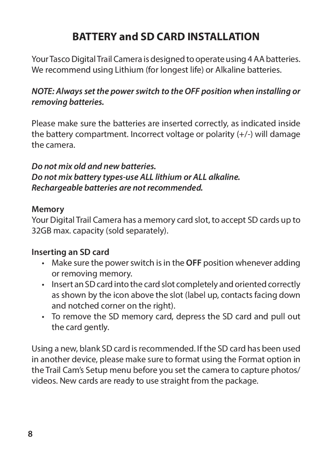 Tasco 119256CW instruction manual Memory, Inserting an SD card 