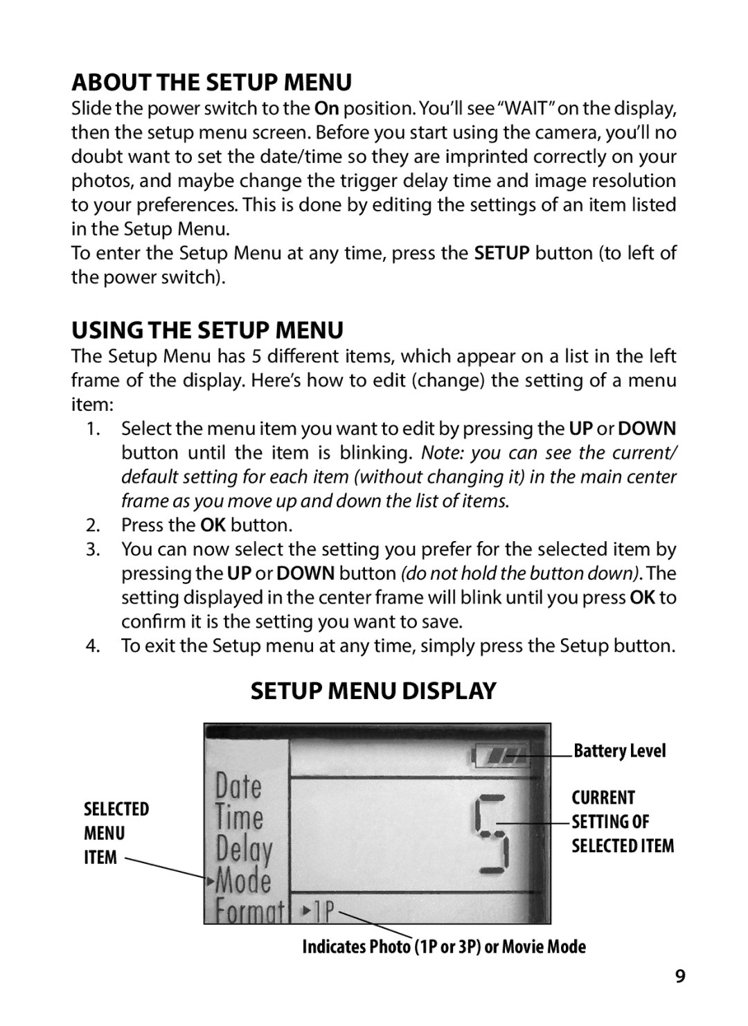 Tasco 119256CW instruction manual About the Setup Menu, Using the Setup Menu, Setup Menu Display, Battery Level 