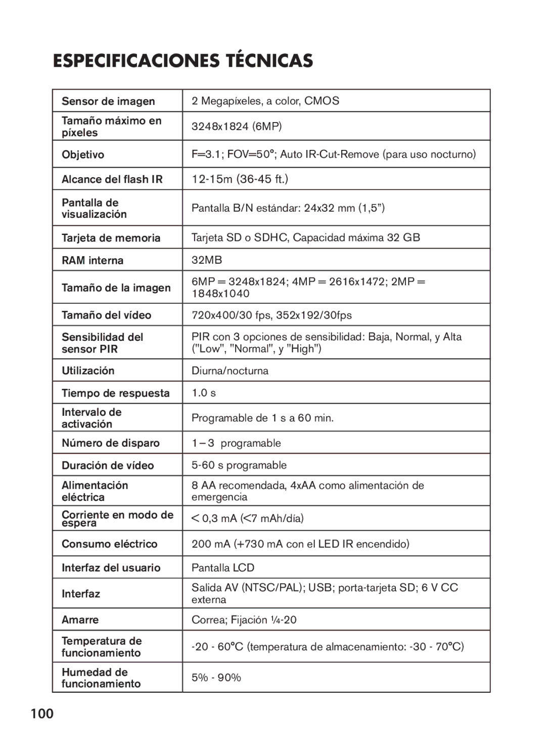 Tasco 119422 instruction manual Especificaciones Técnicas, 100 