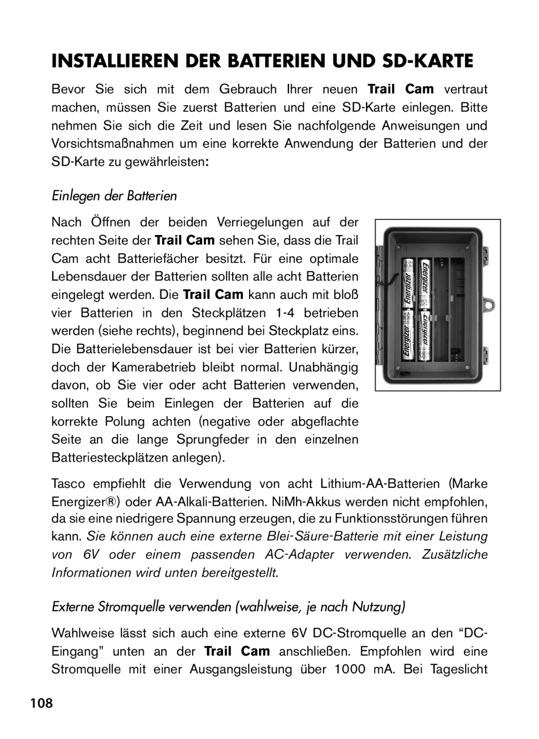 Tasco 119422 instruction manual Installieren DER Batterien UND SD-KARTE, 108, Einlegen der Batterien 