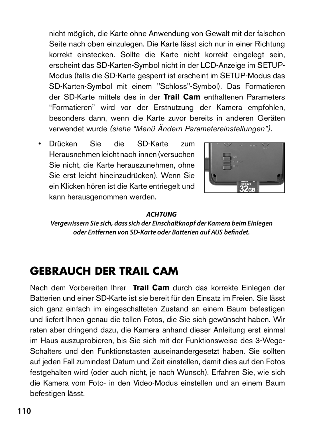 Tasco 119422 instruction manual Gebrauch DER Trail CAM, 110 