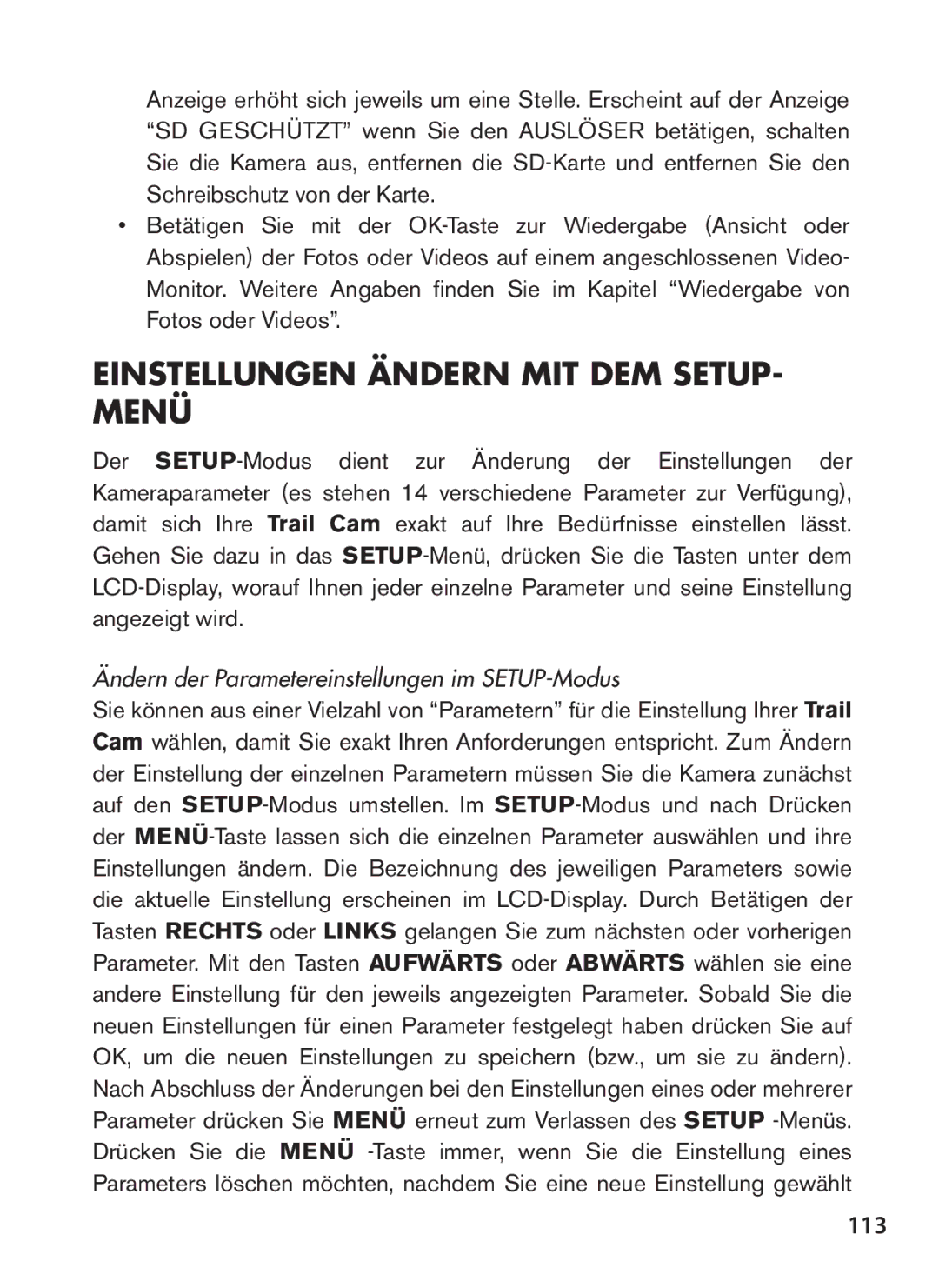 Tasco 119422 Einstellungen ändern mit dem SETUP- Menü, 113, Ändern der Parametereinstellungen im SETUP-Modus 