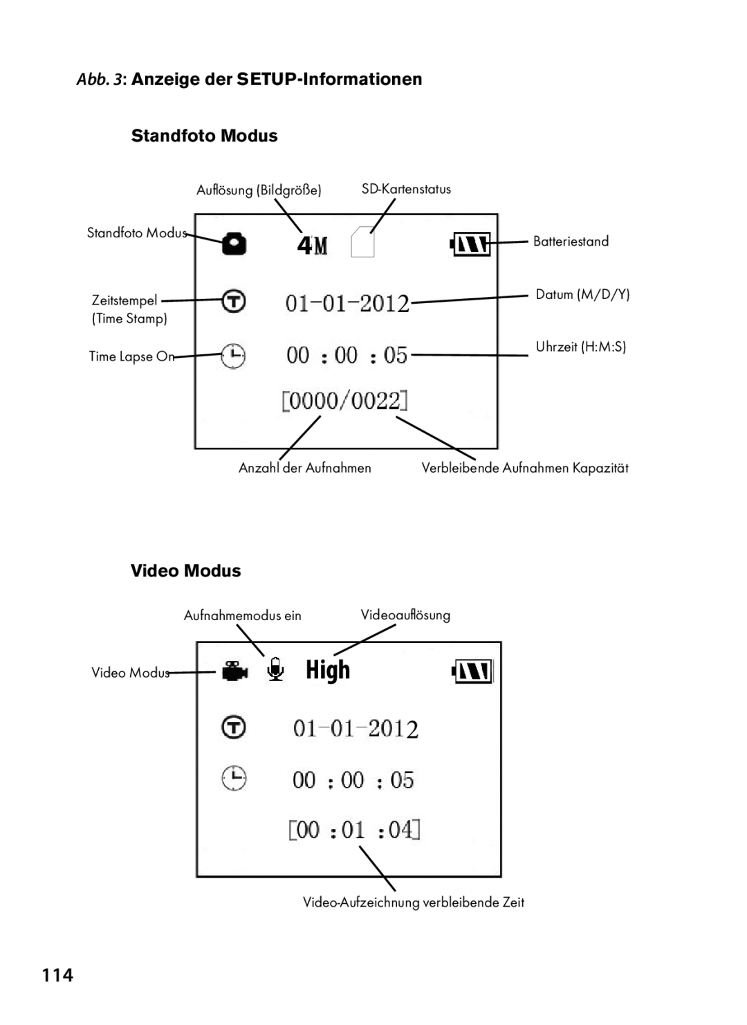 Tasco 119422 instruction manual 114, Abb Anzeige der SETUP-Informationen Standfoto Modus 