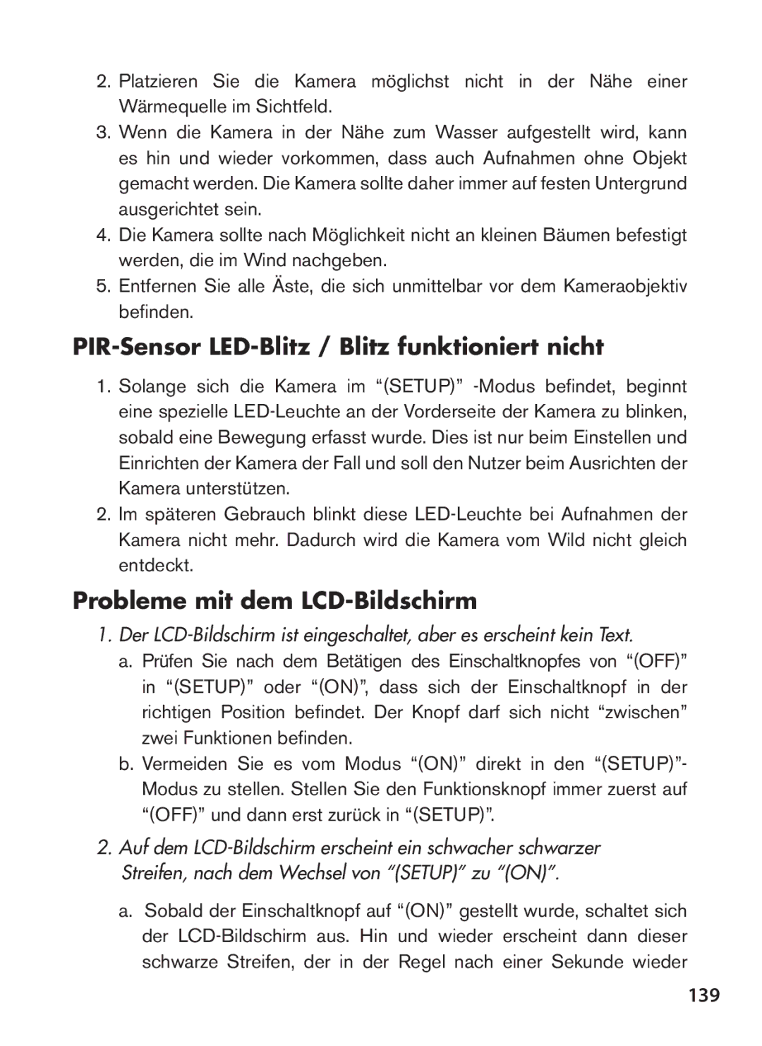 Tasco 119422 instruction manual PIR-Sensor LED-Blitz / Blitz funktioniert nicht, Probleme mit dem LCD-Bildschirm, 139 