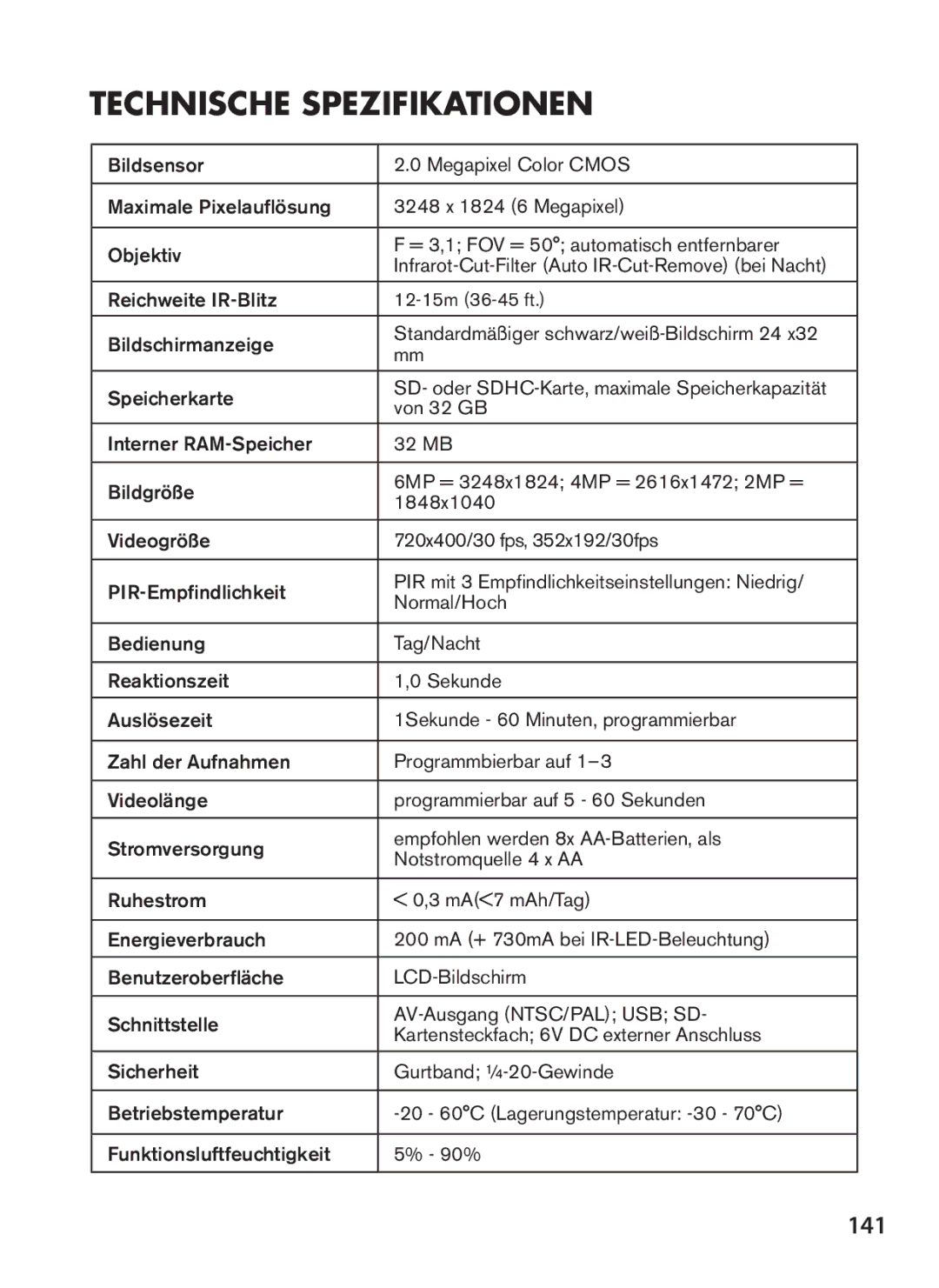 Tasco 119422 instruction manual Technische Spezifikationen, 141 