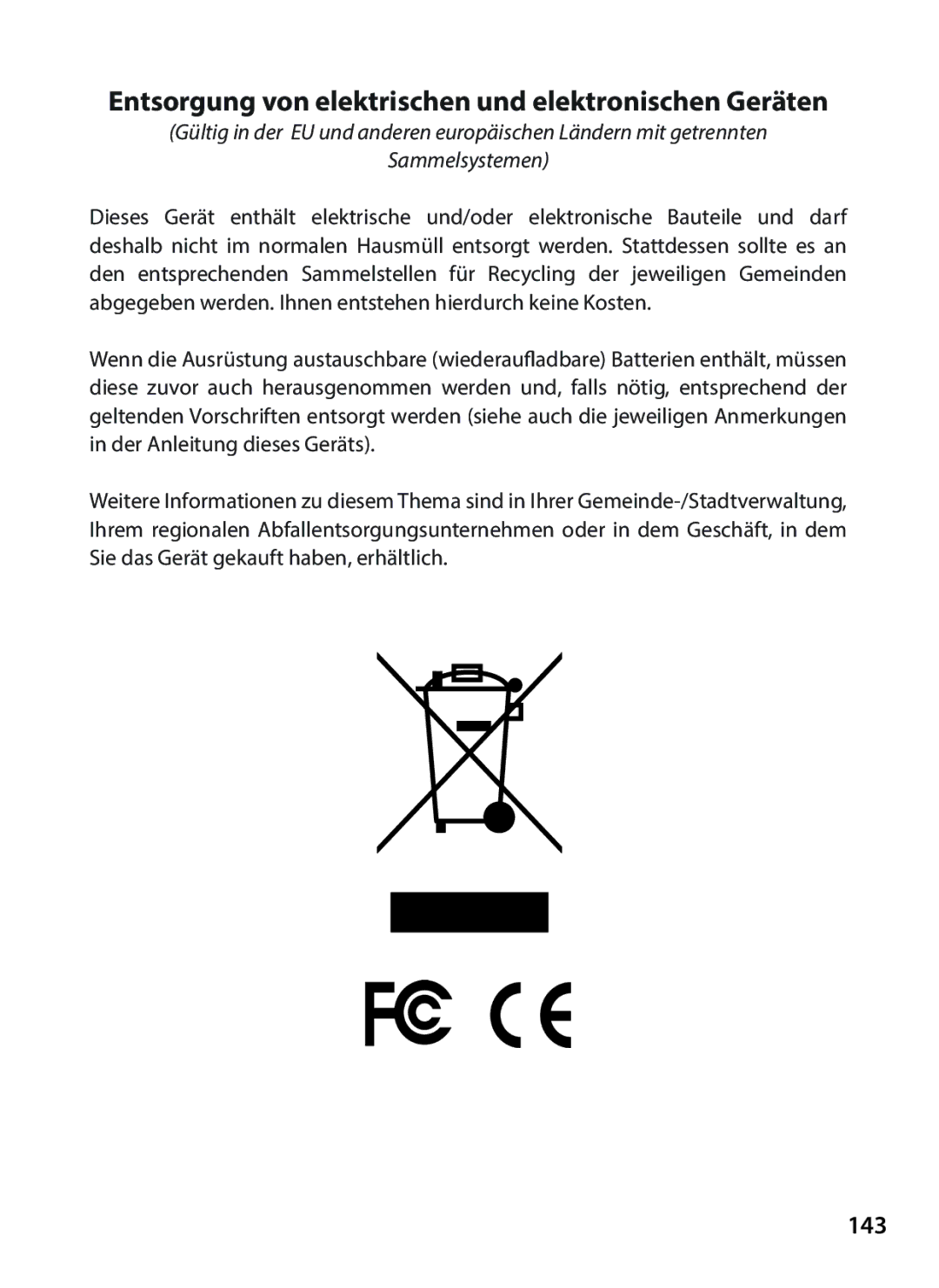 Tasco 119422 instruction manual Entsorgung von elektrischen und elektronischen Geräten, 143 